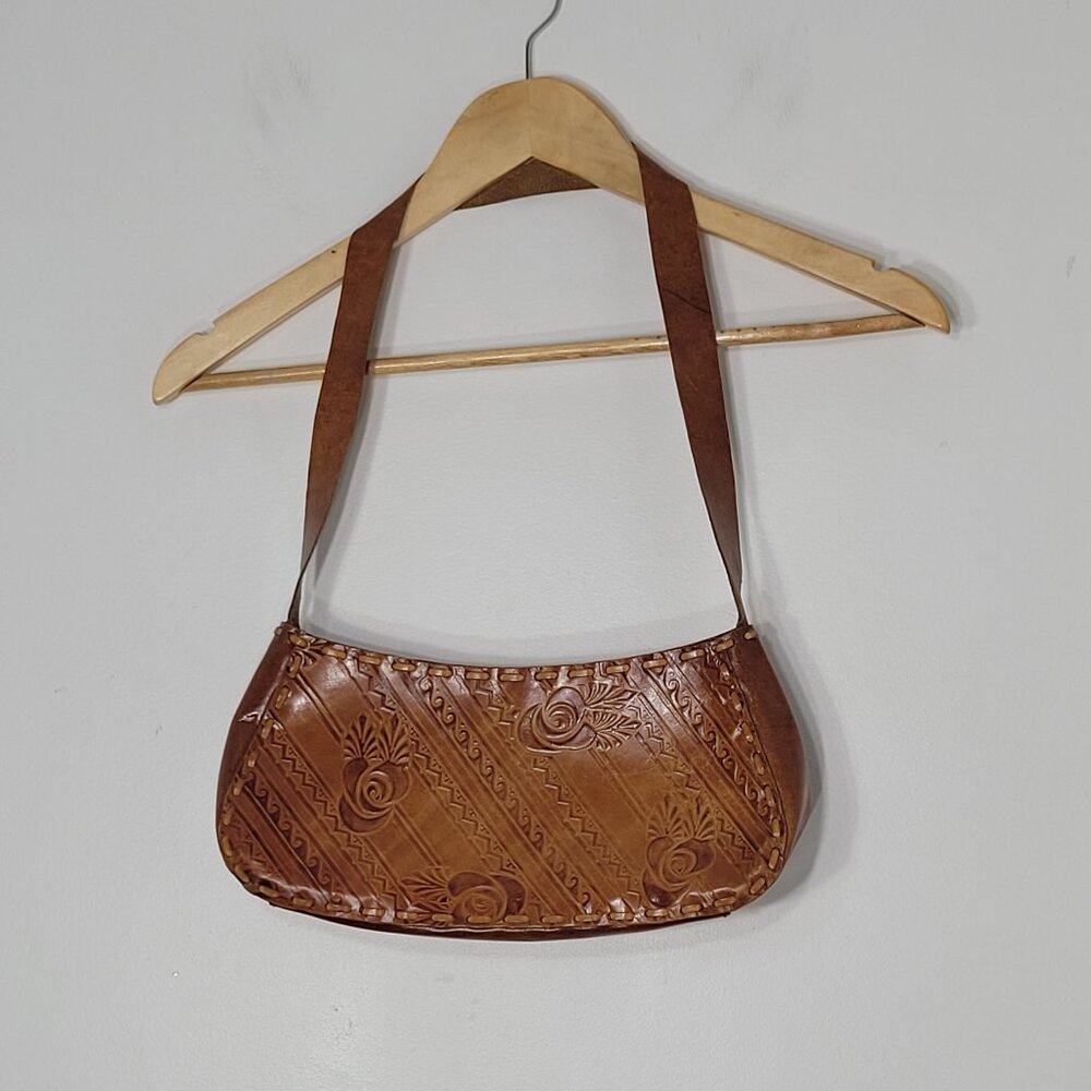 Carmel Brown Purse Floral Embossed Genuine Leather Shoulder Bag Zipper Top